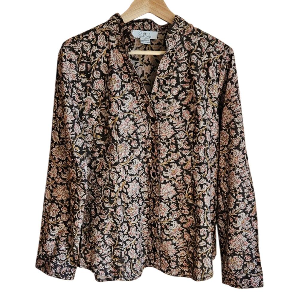 Passion Lilie Top Womens Large Black Floral Cotton Button Front Long Sleeve